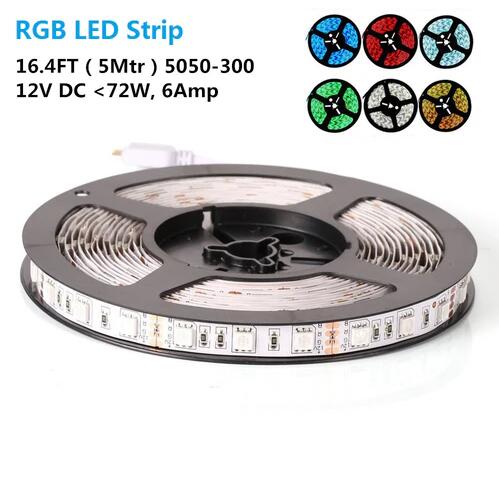 (image for) 16.4FT/5M SMD5050-300 LED Strips RGB Color High Density Tri-Chip 60 LEDs Per Meter 10mm Wide RGB LED Tape
